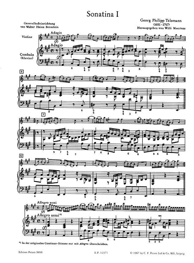 Telemann Sechs Sonatinen TWV 41: A 2, B 2, D 2, G 3, E 1, F 1 Violine und Cembalo (oder Klavier) (Violoncello ad lib.)