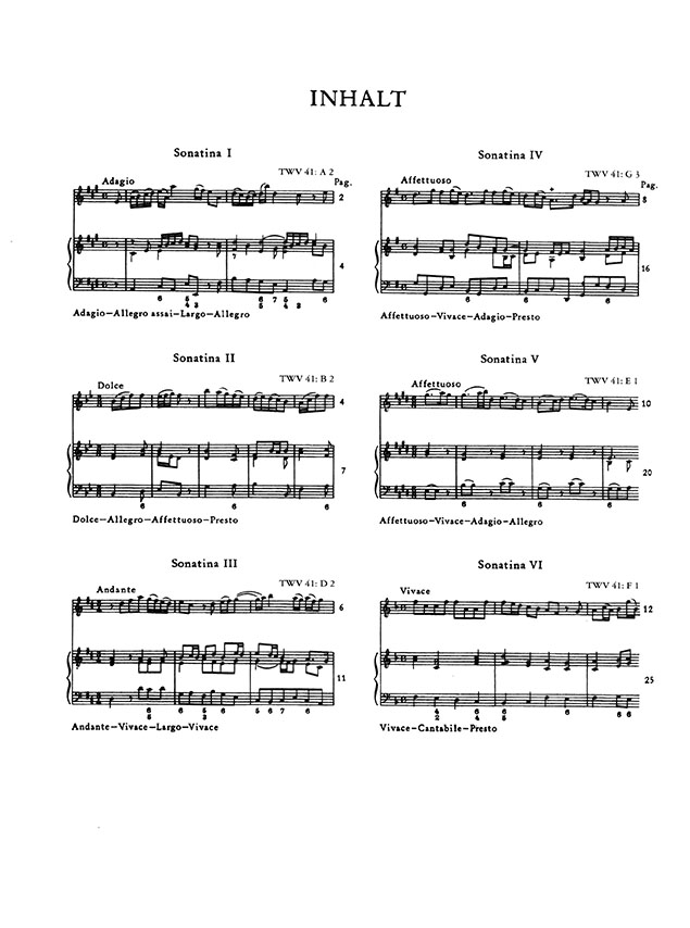 Telemann Sechs Sonatinen TWV 41: A 2, B 2, D 2, G 3, E 1, F 1 Violine und Cembalo (oder Klavier) (Violoncello ad lib.)