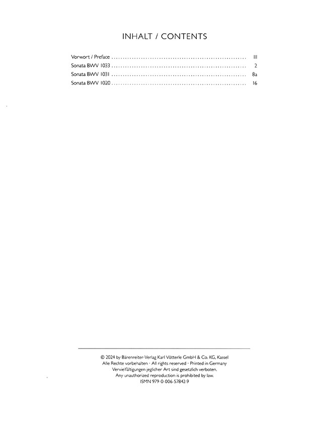 J.S. Bach Drei Sonaten für Flöte und Basso continuo / obligates Cembalo BWV 1033, 1031, 1020 arrangiert für zwei Flöten