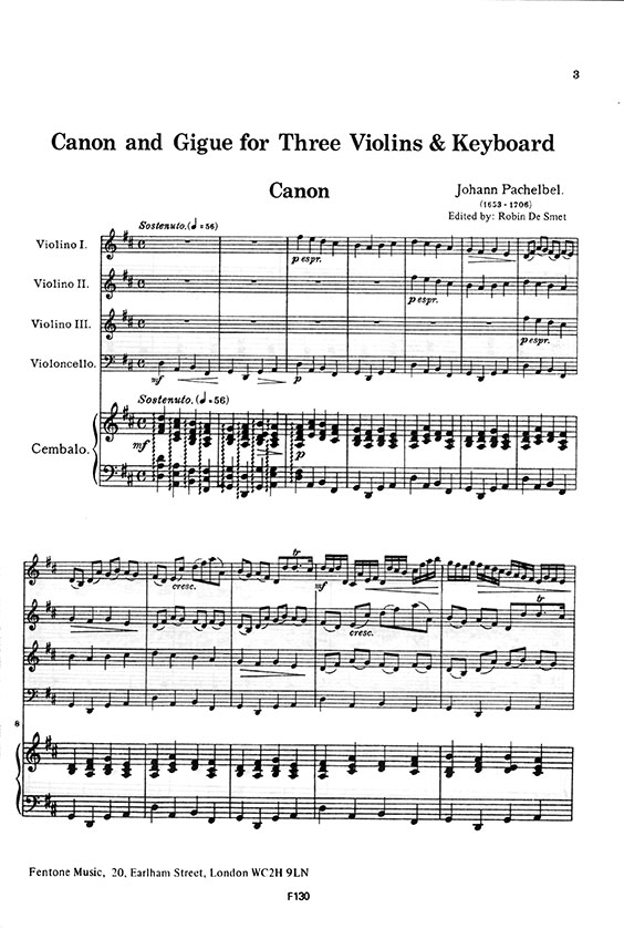 Pachelbel Canon & Gigue for Three Violins & Keyboard (Cello continuo ad lib.)