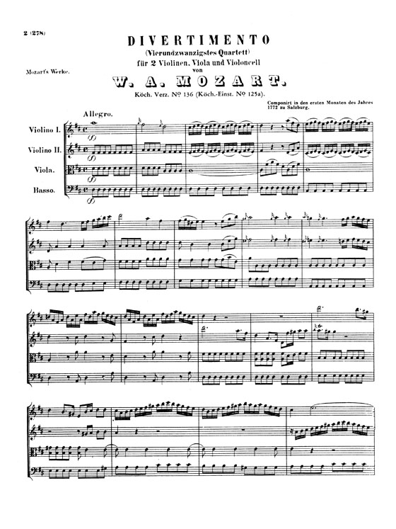 Mozart【3 Divertimenti】for Two Violins , Viola and Cello , K. 136 , K. 137 , K. 138 Full Score