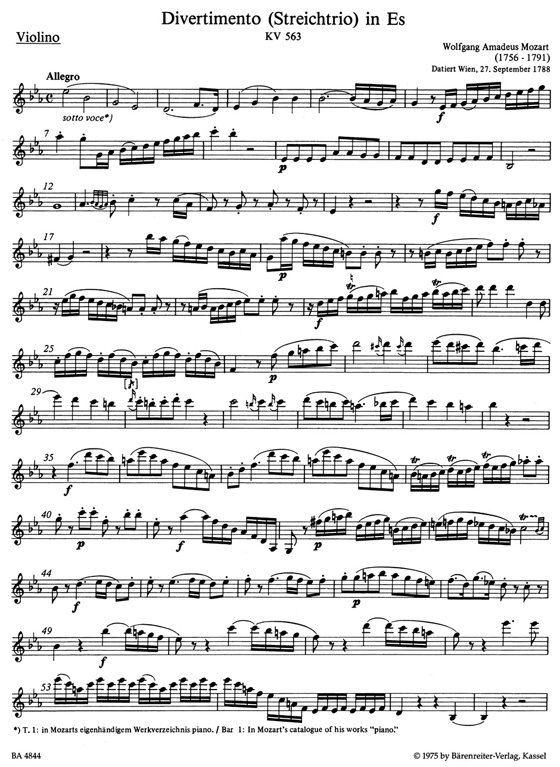 Mozart【Divertimento in E flat Major】for Violin , Viola and Violoncello , KV 563