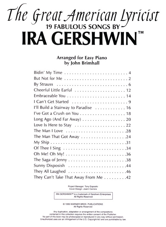 The Great American Lyricist【19 Fabulous Songs】By Ira Gershwin for Easy Piano