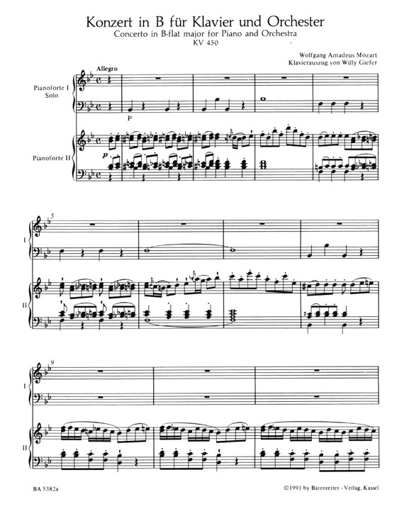 Mozart【Concerto in B-flat major No. 15 , KV 450】for Piano and Orchestra , Piano Reduction