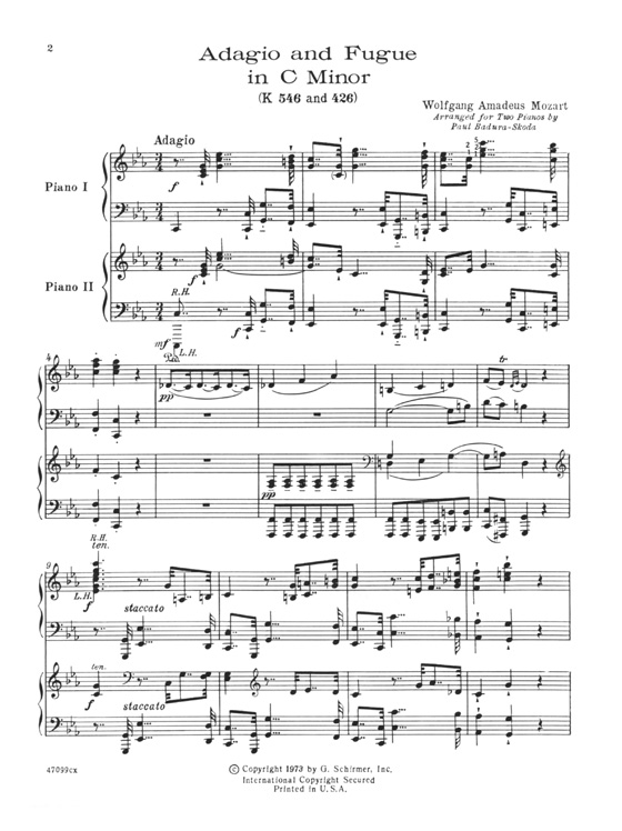 Mozart【Adagioand Fugue in C Minor, K. 546 and 426】for Two Pianos, Four Hands