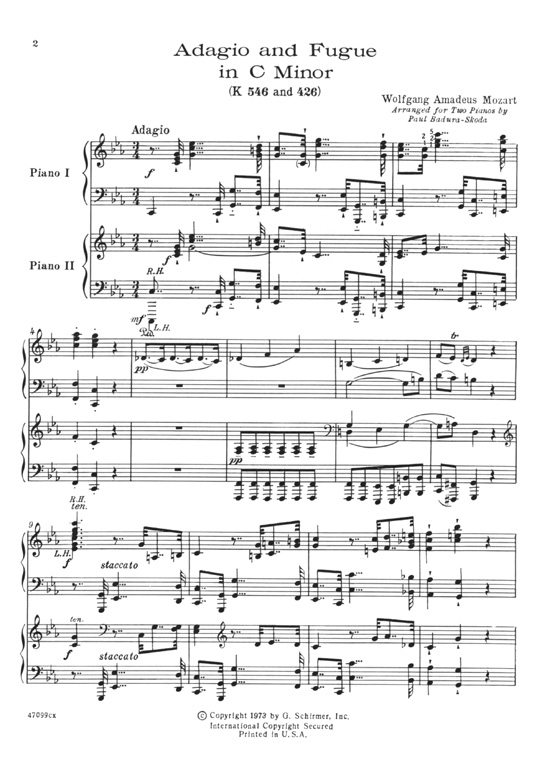 Mozart【Adagioand Fugue in C Minor, K. 546 and 426】for Two Pianos, Four Hands