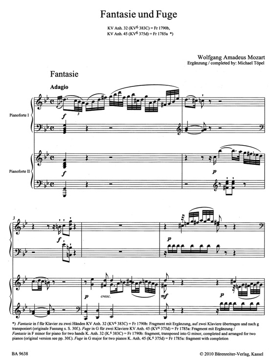 Mozart【 Fantasia in G minor and Fuga in G major / Sonata Movement (Grave and Presto) in B-flat major】for two Pianos K. Anh. 32, K. Anh. 45, K. Anh. 42