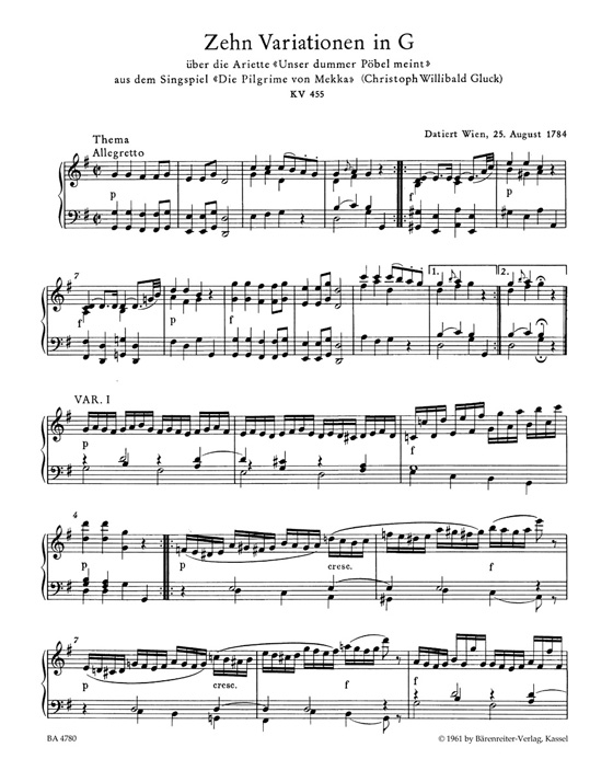 Mozart【Unser dummer Pobel meint , Ten Variations in G major , KV455】for Piano