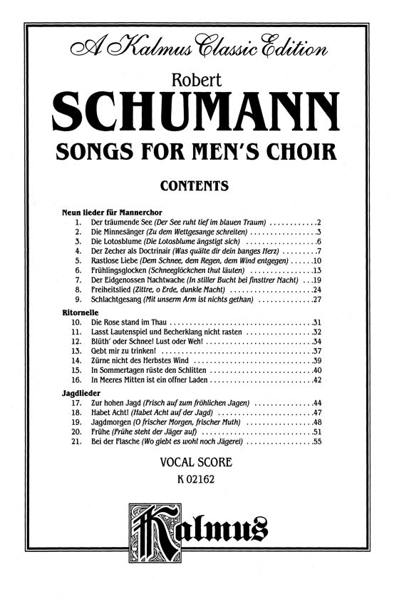 Schumann【Songs For Men's Choir】Vocal Score