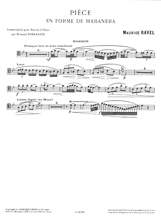Maurice Ravel Pièce en Forme De Habanera pour Basson et Piano