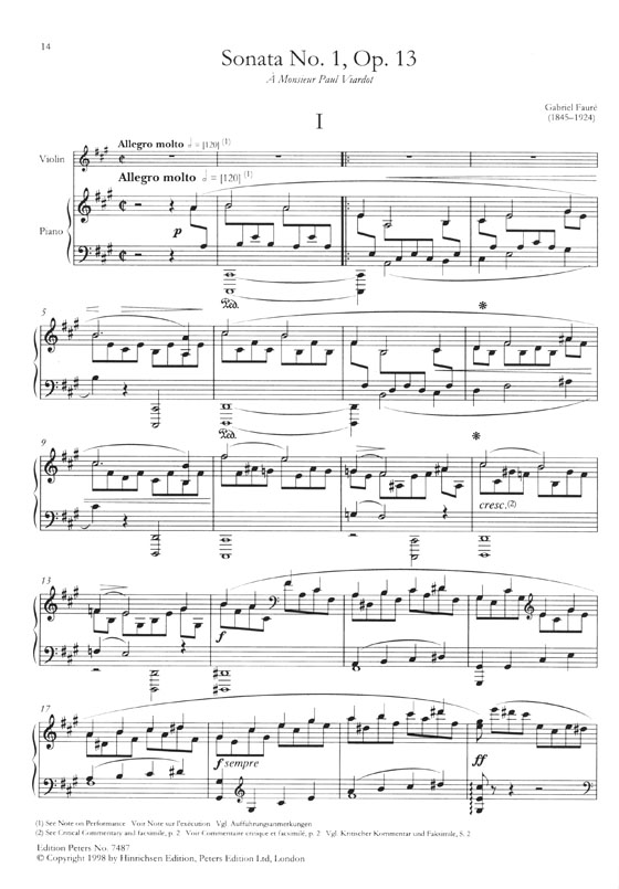 Gabriel Fauré Sonata No. 1 Op. 13 for Violin and Piano (Urtext)