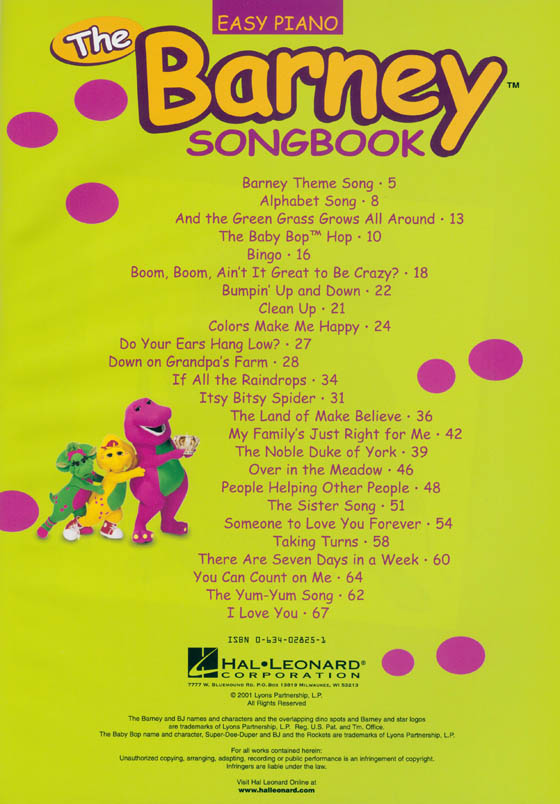 The Barney Songbook Easy Piano