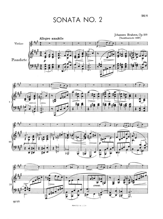 Brahms Sonata No. 2 in A Major Opus 100 for Violin and Piano